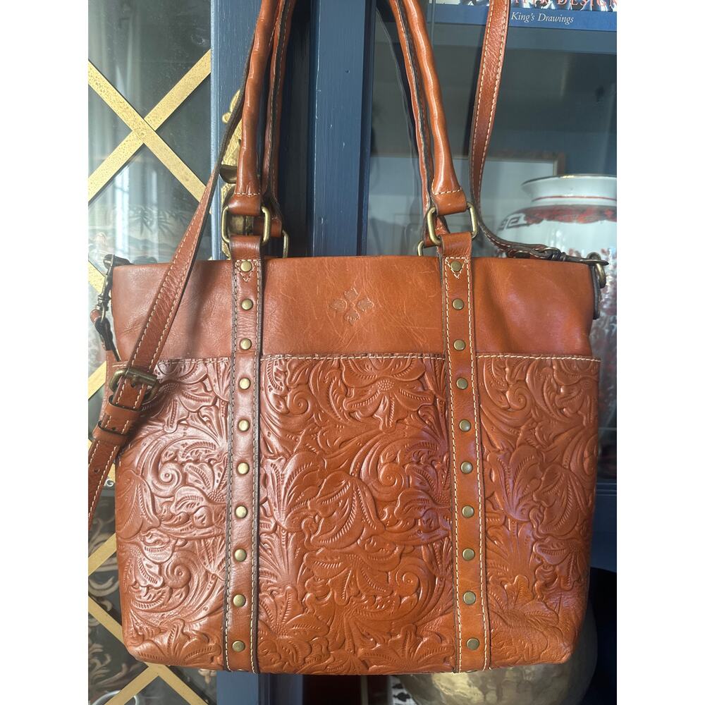 PATRICIA NASH Burnished Tooled Benvenuto Gold Leather Shoulder Bag Tote Cognac